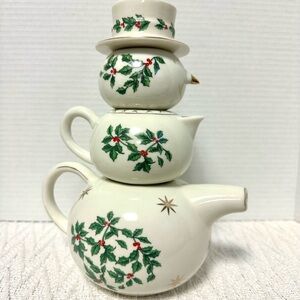 Festive Porcelain Stackable Snowman Teapot Set with Holly Design